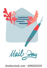 Día mundial del correo de la postal del vector lindo. Una carta en un sobre con flores y un bolígrafo. Enviando correos electrónicos en vivo. La inscripción está escrita a mano. Caricatura y estilo plano.