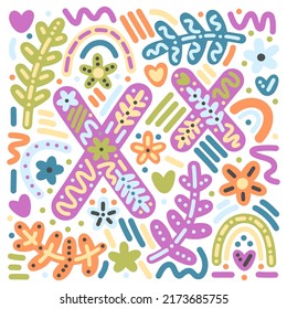 Cute vector poster with alphabet english letter X, childish kawaii doodles, cartoon stickers, seasonal floral ornaments. Print for school, education, kids, decor, textile, print, interior, nursery