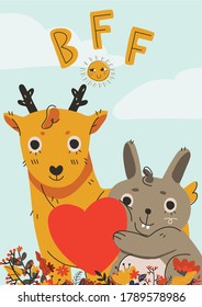  Cartel de afiche de vector lindo con animales. Los mejores amigos venados y conejos. Ilustración de dibujos animados hechos a mano para niños
