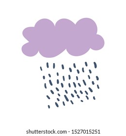 Cute vector poster or card with lilac cloud and rain drops. Modern style kids poster in Scandinavian style. Good for children, baby nursery design and print. Hand drawn doodle