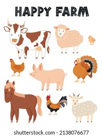 Cute vector poster with cartoon farm animals. Set of animals in hand drawn style: cow, sheep, chick, chicken, pig, turkey, horse, rooster, goat. Vector poster for kids education, nursery design.