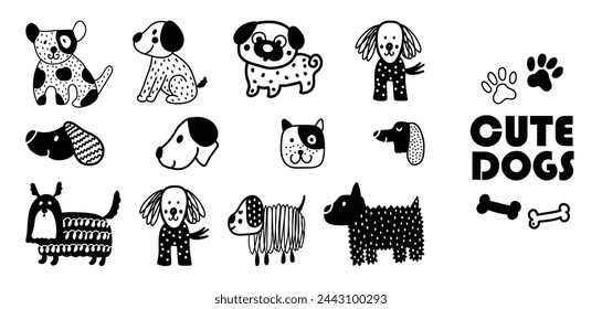 Cute vector poster with decorative dogs. Clip art. Set.