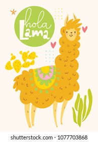 Cute vector poster design with cartoon lama and cacti and hola lama lettering