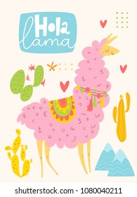 Cute vector poster design with cartoon lama and cacti and hola lama text