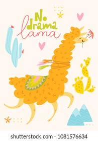 Cute vector poster design with cartoon lama and cacti and motivational text. No drama lama poster. 