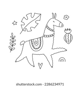 Cute vector poster with llama surrounded by tropical plants in doodle style for your design
