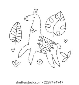 Cute vector poster with llama surrounded by tropical plants in doodle style for your design