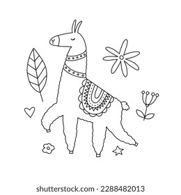Cute vector poster with llama surrounded by tropical plants in doodle style for your design