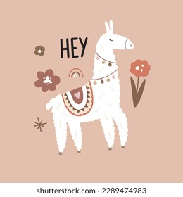 Cute vector poster with llama surrounded by tropical plants in bright color in boho style for your design