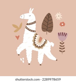 Cute vector poster with llama surrounded by tropical plants in bright color in boho style for your design