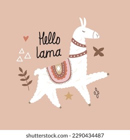 Cute vector poster with llama surrounded by tropical plants in bright color in boho style for your design