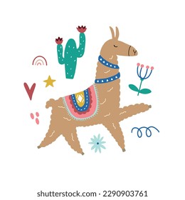Cute vector poster with llama surrounded by tropical plants in bright color in scandinavian style for your design