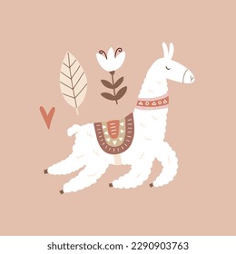 Cute vector poster with llama surrounded by tropical plants in bright color in boho style for your design