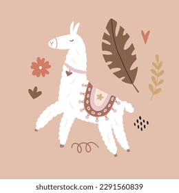 Cute vector poster with llama surrounded by tropical plants in bright color in boho style for your design