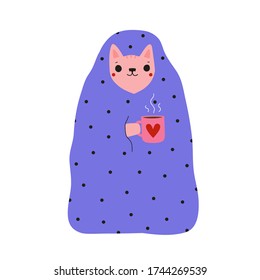 Cute vector poster with smiling domestic pink cat and cup of tea or coffee. Funny pet art for t shirt design, prints, stickers, banners, greeting cards