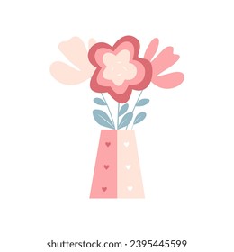 Cuta olla vectorial con corazones. Jarrón de San Valentín con flores. Icono vector romántico en colores pastel