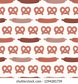 Cute vector pretzel cartoon and german sausage with smiling face. Seamless repeating pattern illustration. Hand drawn kawaii food for kitchen foodie blog, germany oktoberfest restaurant background.