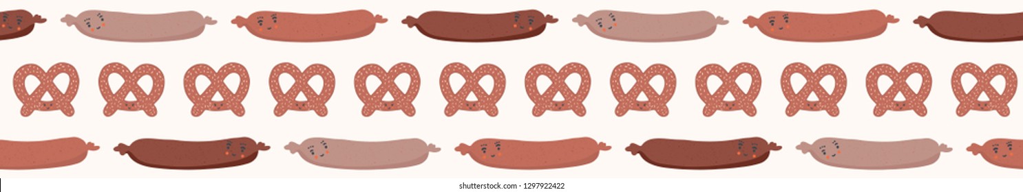 Cute vector pretzel cartoon and german sausage with smiling face. Seamless repeating border illustration. Hand drawn kawaii food for kitchen foodie blog, germany oktoberfest restaurant banner ribbon.