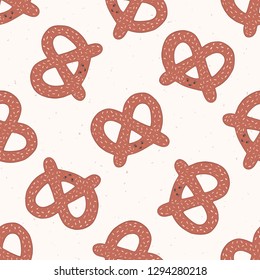 Cute vector pretzel cartoon with smiling face and seeds. Seamless repeating pattern illustration  Hand drawn kawaii bakery bread for kitchen foodie blog, german beer festival restaurant background.