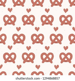 Cute vector pretzel cartoon with smiling face and love heart. Seamless repeating food pattern illustration. Hand drawn kawaii bakery bread for kitchen foodie blog, oktoberfest restaurant background.