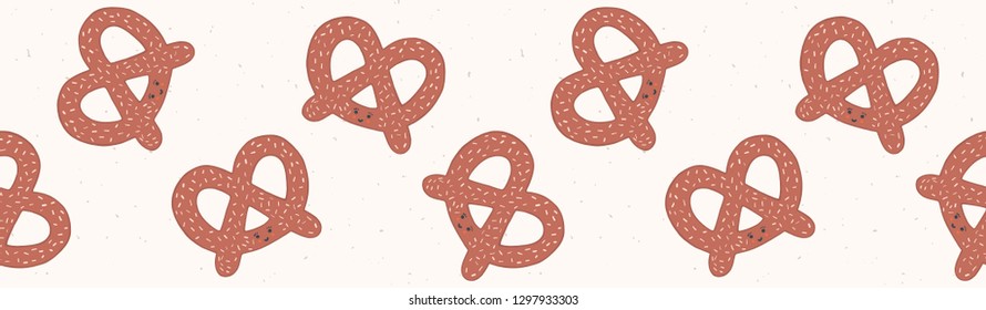 Cute vector pretzel cartoon with smiling face . Seamless repeating food border illustration. Hand drawn kawaii bakery bread for kitchen foodie blog edge trim, oktoberfest restaurant banner ribbon.