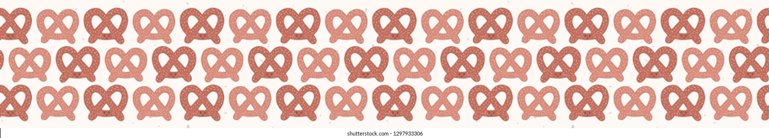 Cute vector pretzel cartoon with smiling face . Seamless repeating food border illustration. Hand drawn kawaii bakery bread for kitchen foodie blog edge trim, oktoberfest restaurant banner ribbon.