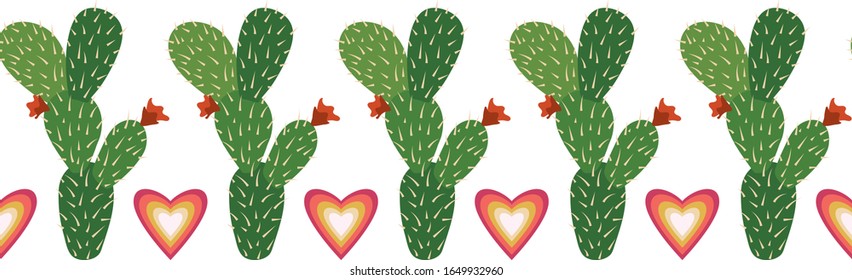 cute vector prickly cactus with hearts seamless repeat border