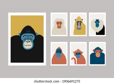 Cute vector primates in flat style. Chimpanzee, Orangutan, Gorilla,
Lion-tailed macaque, Mandrill, Pygathrix roxellana, Macaca fuscata - primates cartoon character. Vector print in modern style