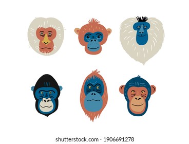 Cute vector primates in flat style. Chimpanzee, Orangutan, Gorilla,
Lion-tailed macaque, Mandrill, Pygathrix roxellana, Macaca fuscata - primates cartoon character. Vector print in modern style