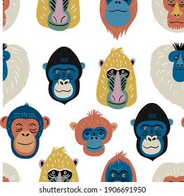 Cute vector primates in flat style. Chimpanzee, Orangutan, Gorilla,
Lion-tailed macaque, Mandrill, Pygathrix roxellana, Macaca fuscata - primates cartoon character. Vector seamless pattern