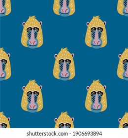 Cute vector primates in flat style.  Mandrill - primates cartoon character. Vector seamless pattern