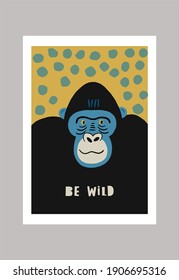 Cute vector primates in flat style.  Gorilla- primates cartoon character. Vector print in modern style