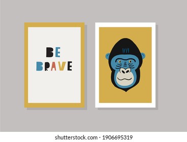 Cute vector primates in flat style.  Gorilla- primates cartoon character. Vector print in modern style