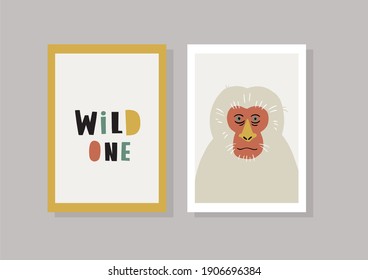 Cute vector primates in flat style. Macaca fuscata - primates cartoon character. Vector print in modern style