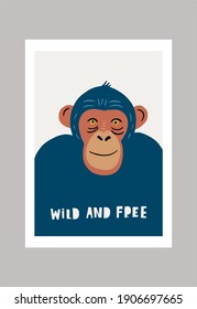 Cute vector primates in flat style. Chimpanzee - primates cartoon character. Vector print in modern style