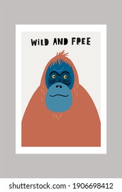 Cute vector primates in flat style.  Orangutan - primates cartoon character. Vector print in modern style