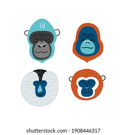 Cute vector primates in flat style. Chimpanzee, Orangutan, Gorilla,
Lion-tailed macaque, Mandrill, Pygathrix roxellana, Macaca fuscata - primates cartoon character. Vector print in modern style