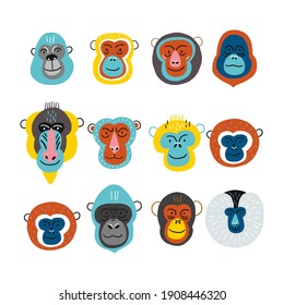 Primarios vectoriales en estilo plano. Chimpancé, Orangután, Gorila,
Macaco de cola de león, Mandrill, Pygathrix roxellana, Macaca fuscata - personaje de caricatura de primates. Impresión de vectores en estilo moderno