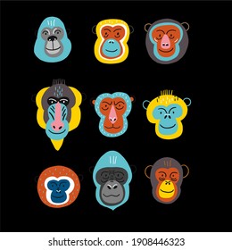 Cute vector primates in flat style. Chimpanzee, Orangutan, Gorilla,
Lion-tailed macaque, Mandrill, Pygathrix roxellana, Macaca fuscata - primates cartoon character. Vector print in modern style