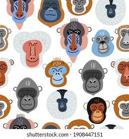 Cute vector primates in flat style. Chimpanzee, Orangutan, Gorilla,
Lion-tailed macaque, Mandrill, Pygathrix roxellana, Macaca fuscata - primates cartoon character. Vector seamless pattern