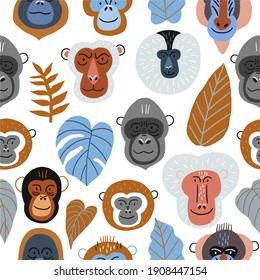 Cute vector primates in flat style. Chimpanzee, Orangutan, Gorilla,
Lion-tailed macaque, Mandrill, Pygathrix roxellana, Macaca fuscata - primates cartoon character. Vector seamless pattern