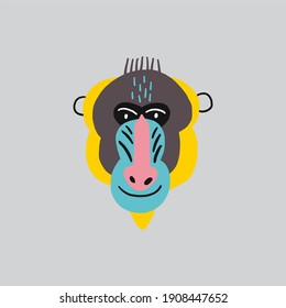 Cute vector primates in flat style.  Mandrill - primates cartoon character. Vector print in modern style