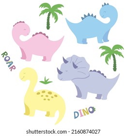 Cute vector print with dinosaur for baby girl and boy. Cartoon hand drawn illustration.