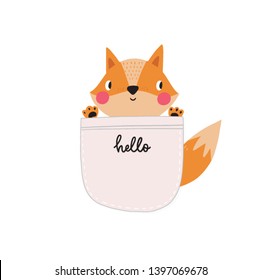 Cute vector print with fox in scandinavian style. Cute animal in the pocket. Hand drawn vector illustration for posters, cards, t-shirts. Monochrome  bear