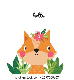 Cute vector print with fox in scandinavian style. Hand drawn vector illustration for posters, cards, t-shirts. Monochrome  bear