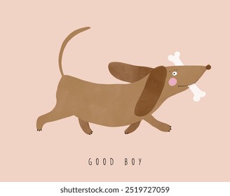 Cute Vector Print with Happy Brown Dachshund Dog. Good Boy. Funny Dog ​​Holding a Big White Bone. Lovely Nursery Art with Sweet Hungry Puppy ideal For Card, Kids' Room Decoration, Dog Lovers. RGB.