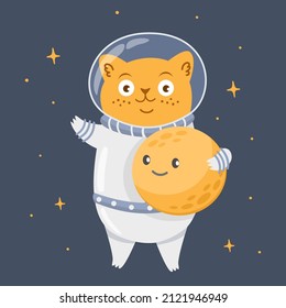 Cute vector print for kids clothes. Red cat astronaut holds the moon in his hands.