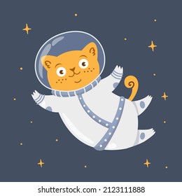 Cute vector print for kids clothes. Red cat astronaut holds the moon in his hands.