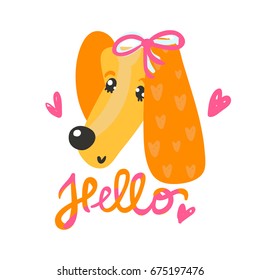 Cute vector print with little dog girl and inscription Hello