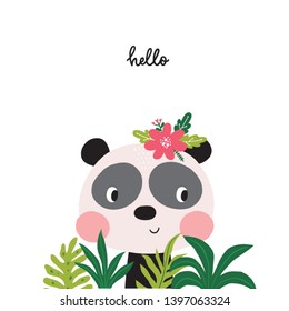 Cute vector print with panda in scandinavian style.  Hand drawn vector illustration for posters, cards, t-shirts. Monochrome  bear